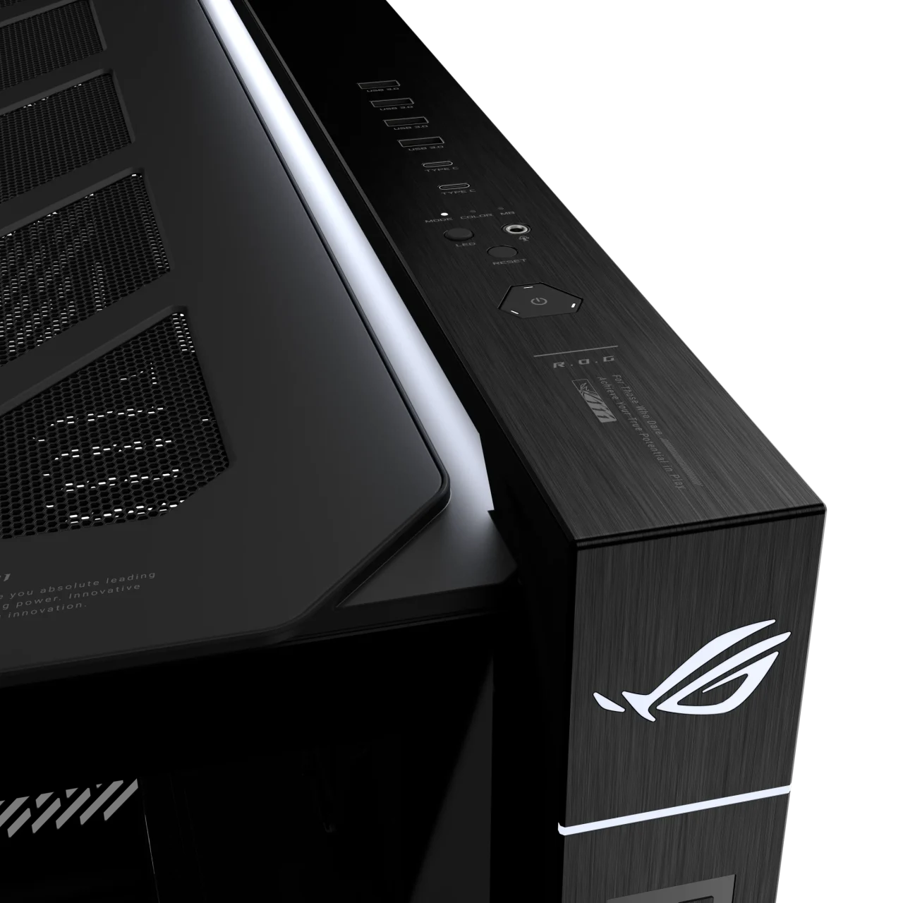 ROG CRONOX GR801 CURVE TG SCREEN ARGB BLACK のトップ角部とROGロゴ