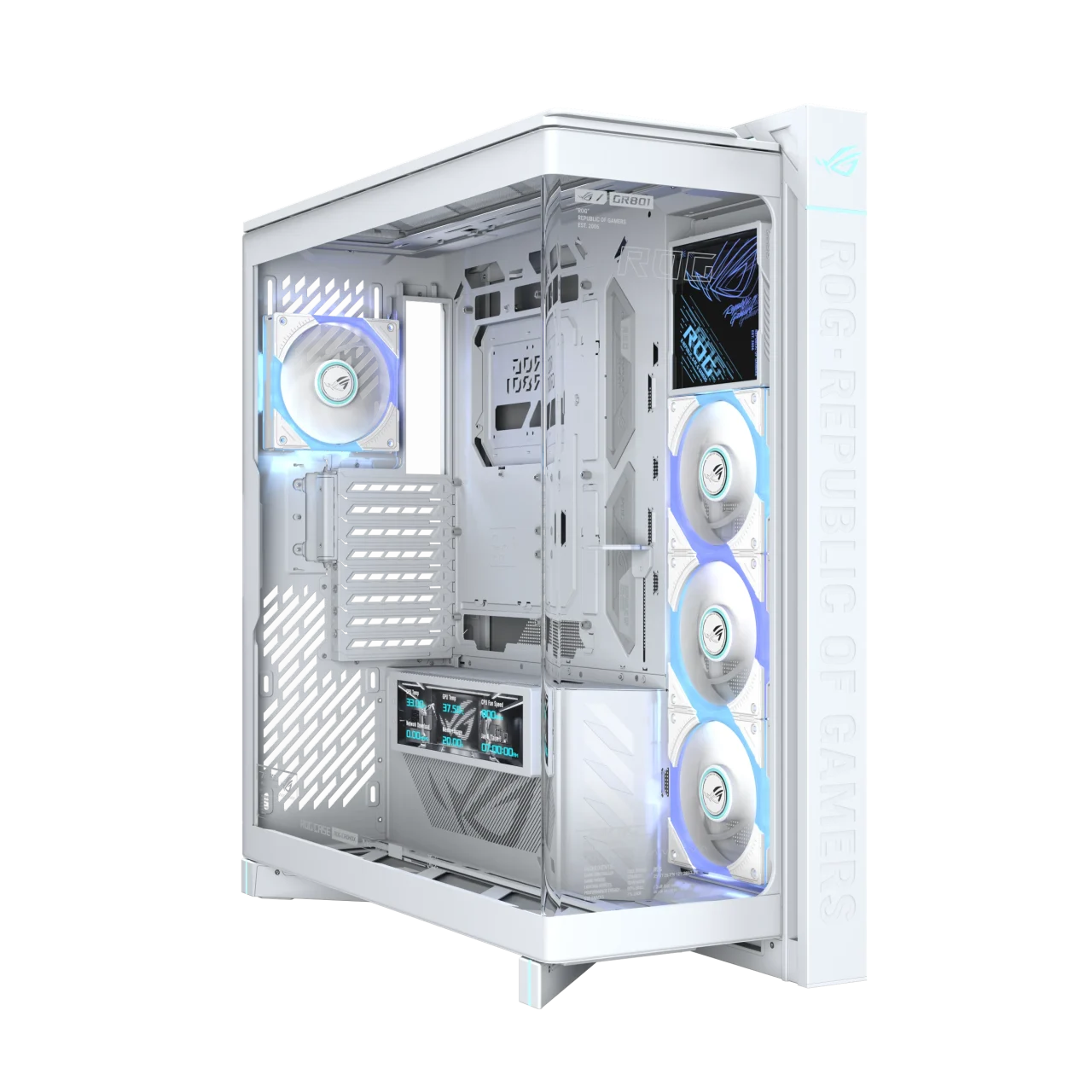 ROG CRONOX GR801 CURVE TG SCREEN ARGB WHITE。白い曲面ガラスのPCケース