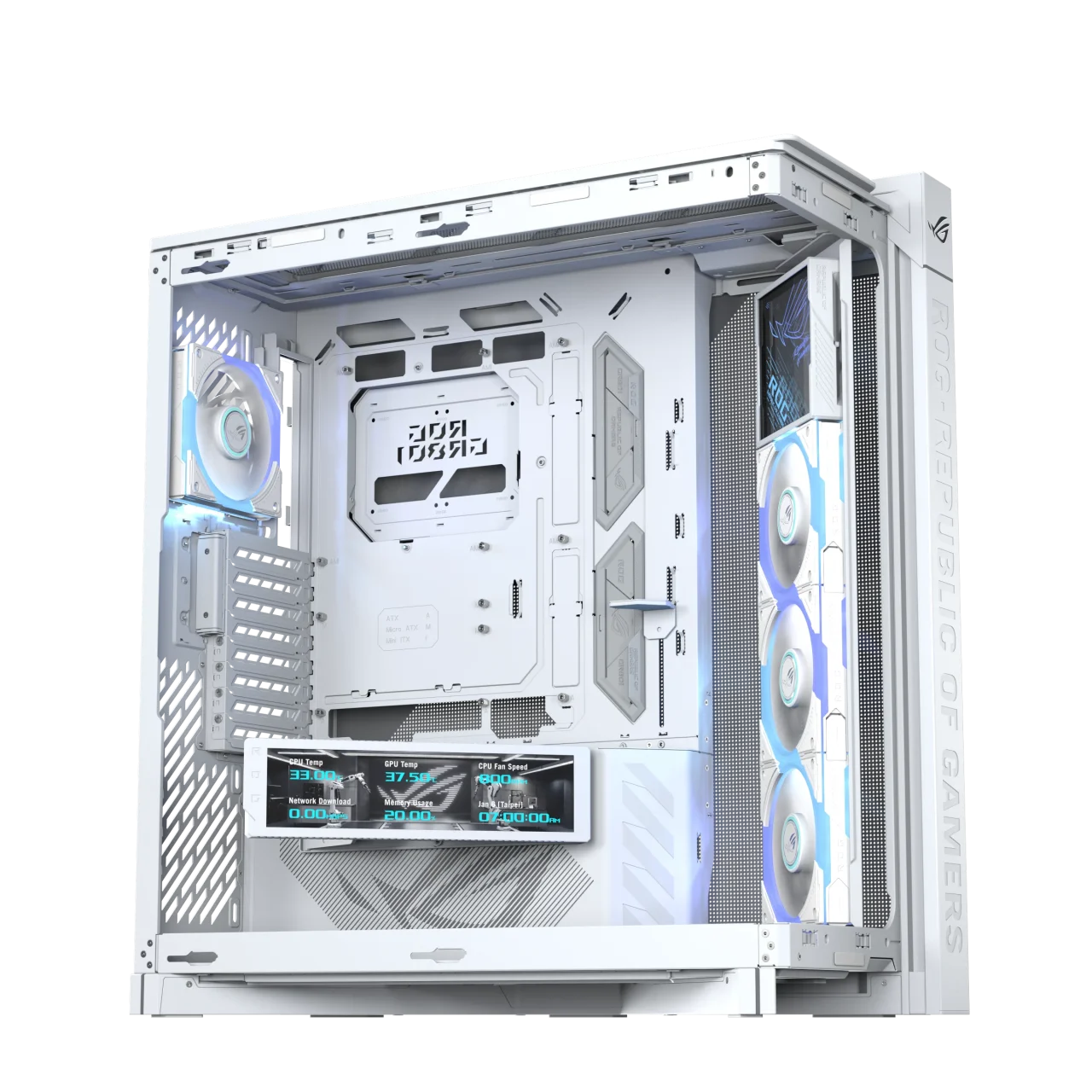 ROG CRONOX GR801 CURVE TG SCREEN ARGB WHITE の斜め前からの外観