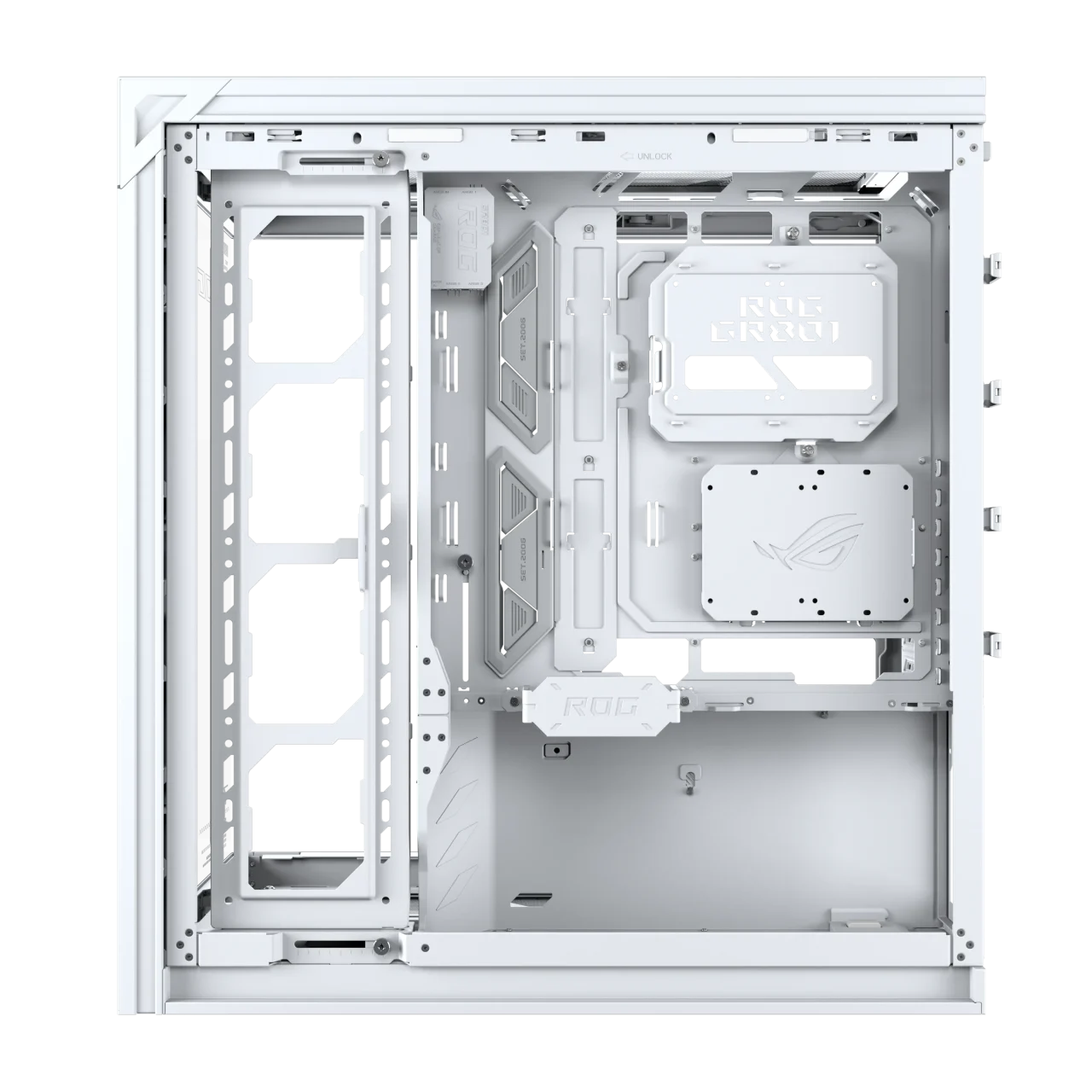 ROG CRONOX GR801 CURVE TG SCREEN ARGB WHITE の内部を正面から見た白いPCケース