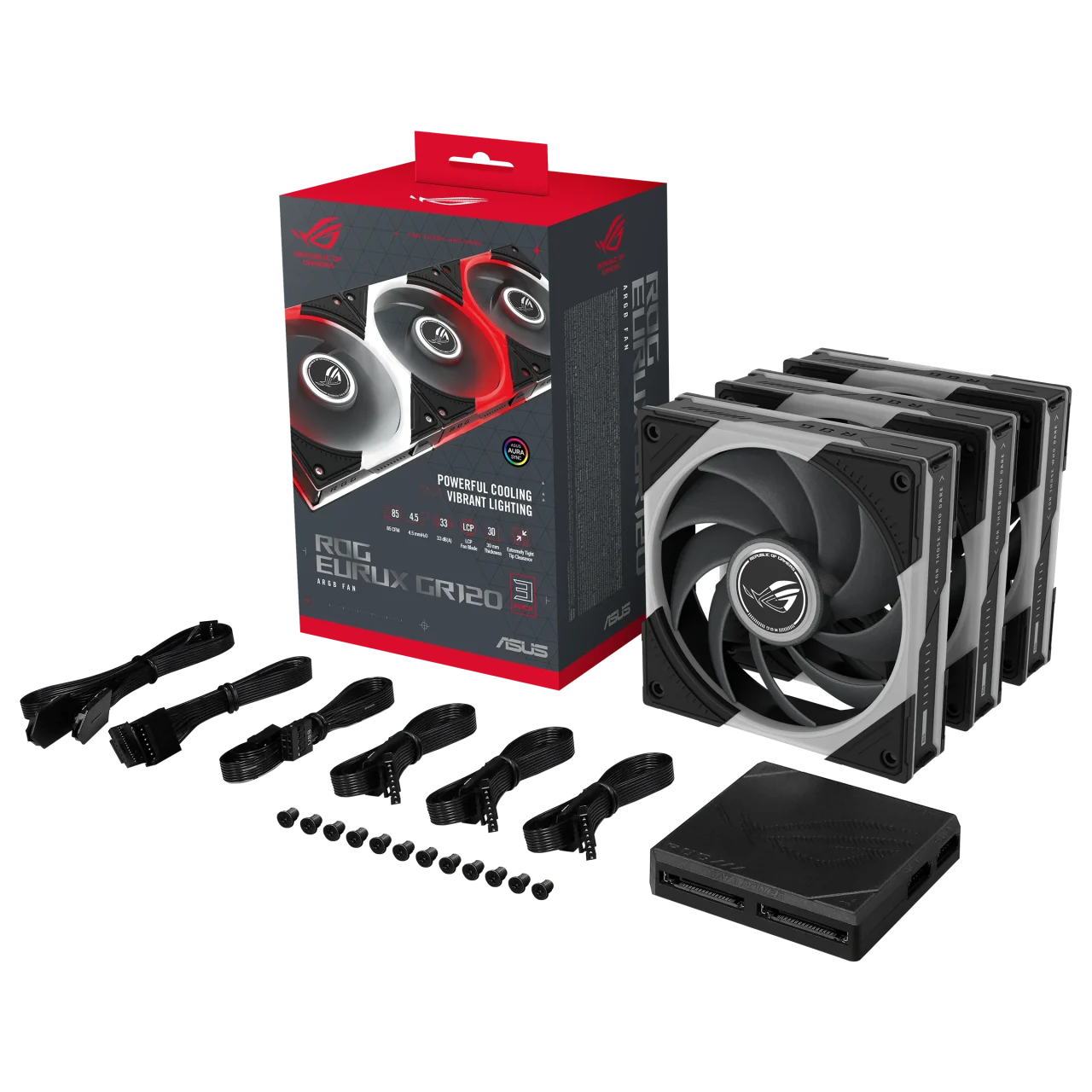 ROG Eurux GR120の3個パック製品箱と黒いファン3基、ケーブル、ネジ、ハブ