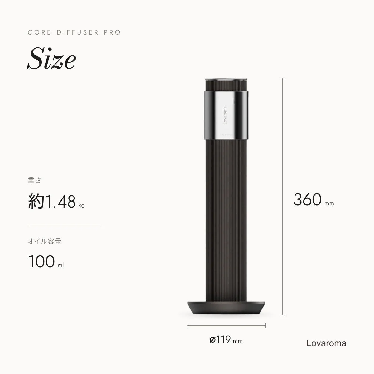 Lovaroma Core Diffuser Pro の寸法図。高さ360mm、直径119mm、約1.48kg、100ml