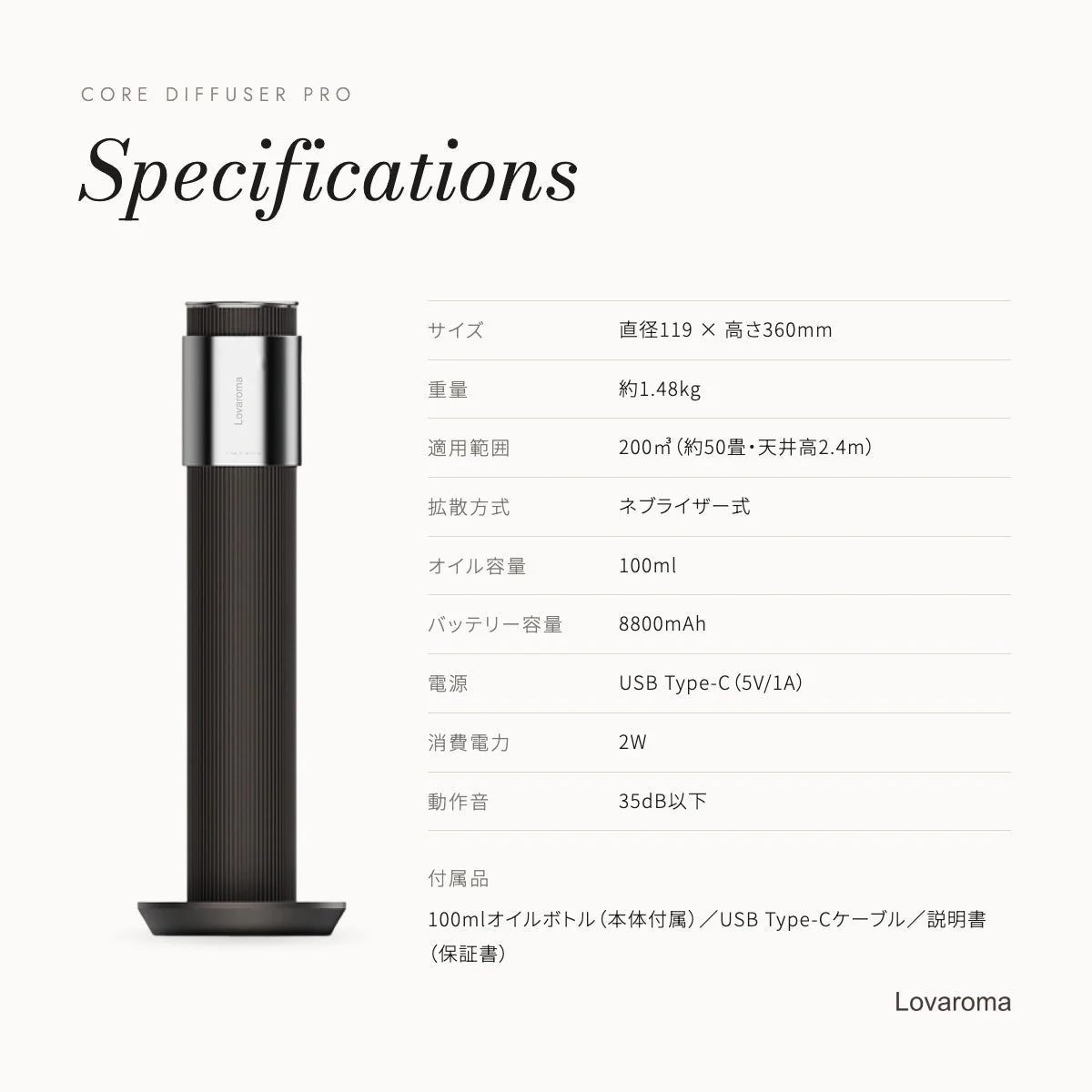 Lovaroma Core Diffuser Pro の仕様一覧と黒い円筒形の本体