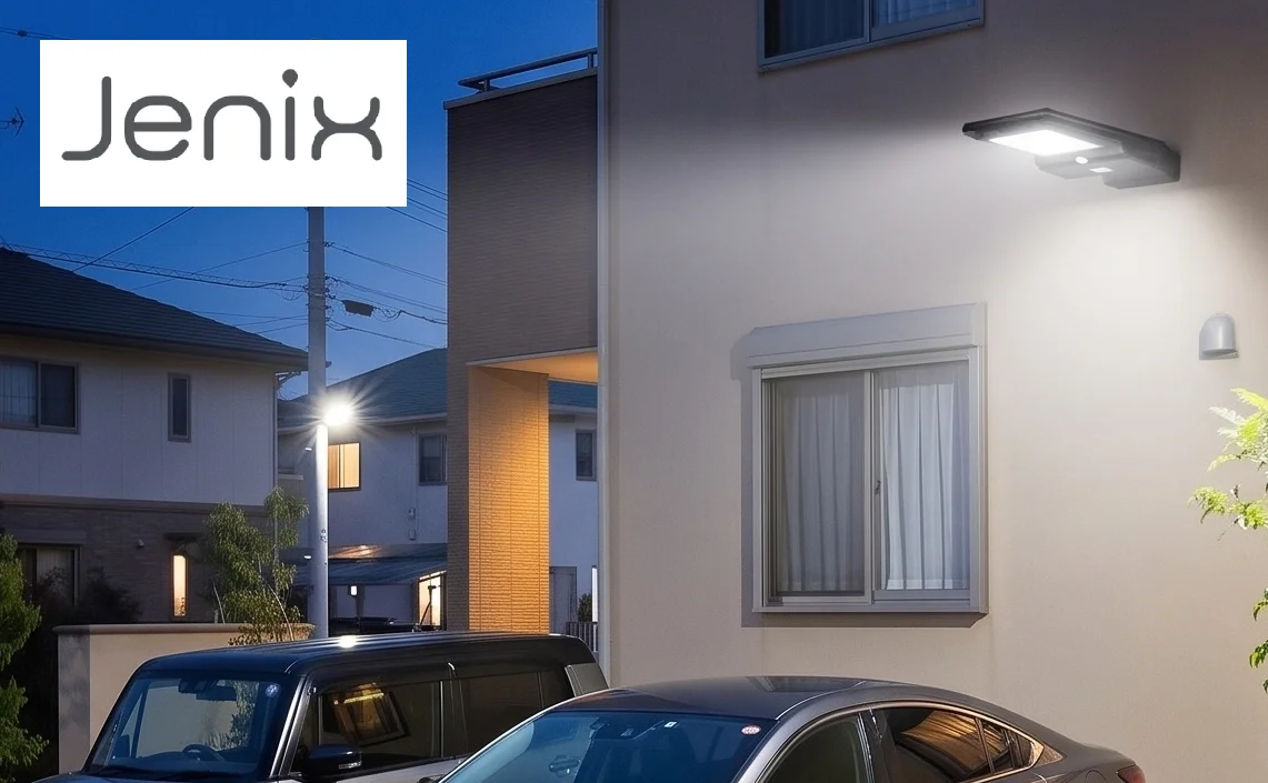 夜の住宅外壁で点灯するJenix ソーラーセンサーライト