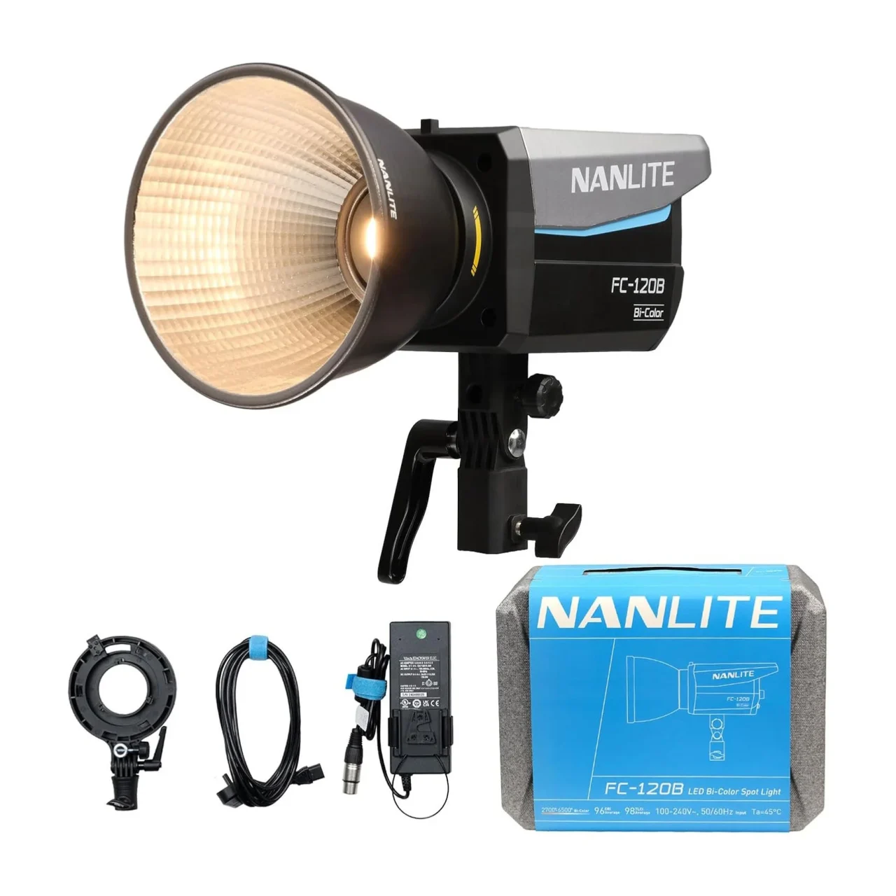 NANLITE FC-120B バイカラースポットライト本体とリフレクター、付属品、パッケージ
