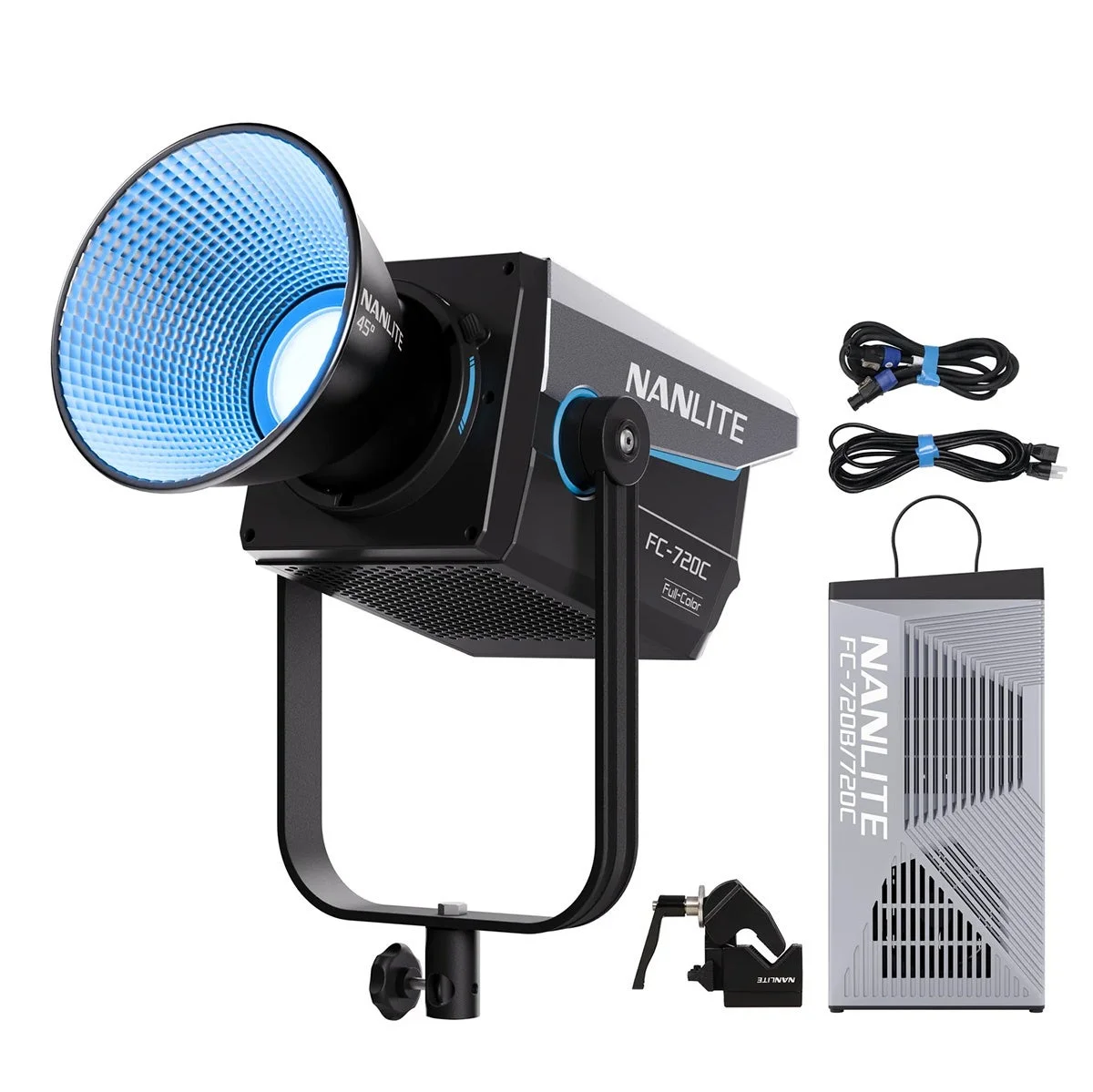 NANLITE FC-720C 撮影用ライト。青く光る反射板付き本体、ケーブル、クランプ、コントローラー