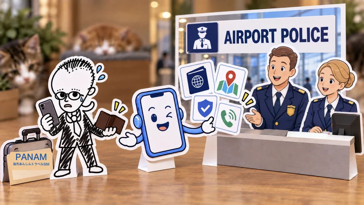 困る旅行者、スマホのキャラ、空港警察の係員を描いた紙人形風イラスト