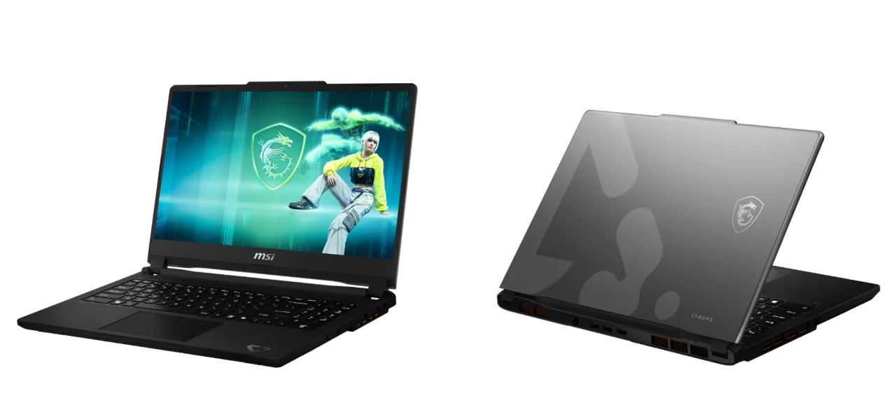 Cyborg 15 Max C2Wの正面と天板を並べた黒いゲーミングノートPC