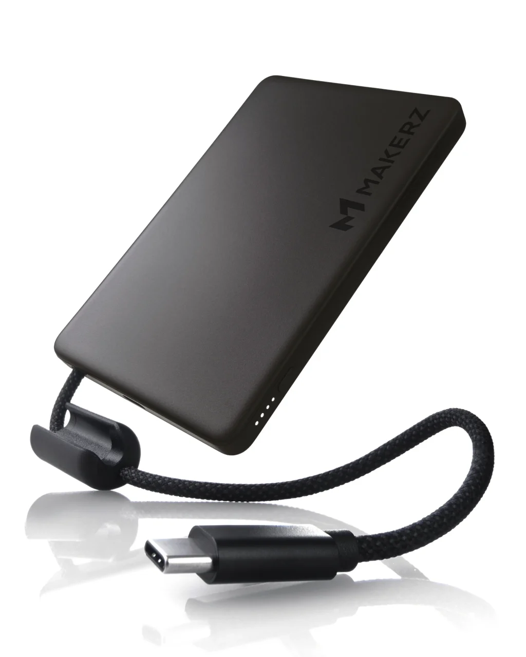 SOLIDZ Power Bank Model FT、ケーブルストラップ付の黒い薄型半固体モバイルバッテリー