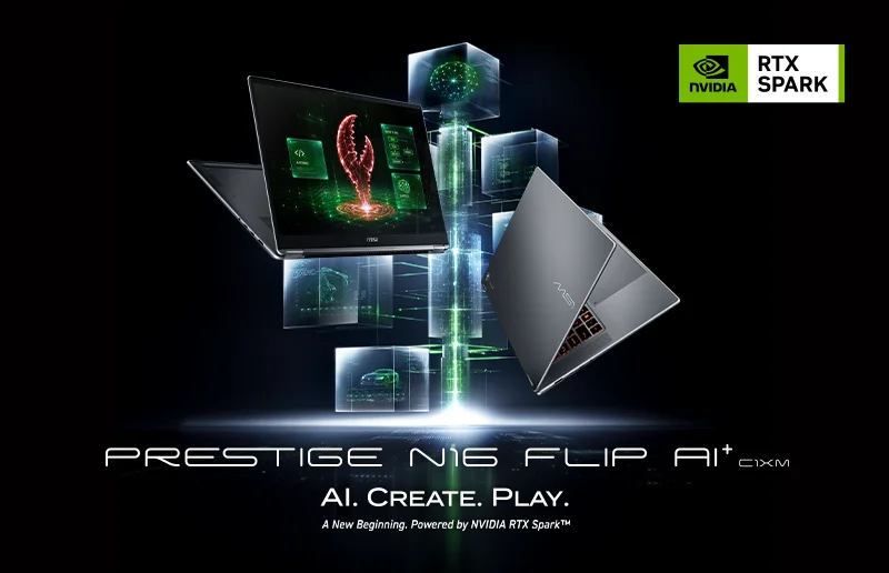 Prestige N16 Flip AI+ C1XMの告知ビジュアル。黒背景に浮かぶノートPCとRTX Sparkロゴ