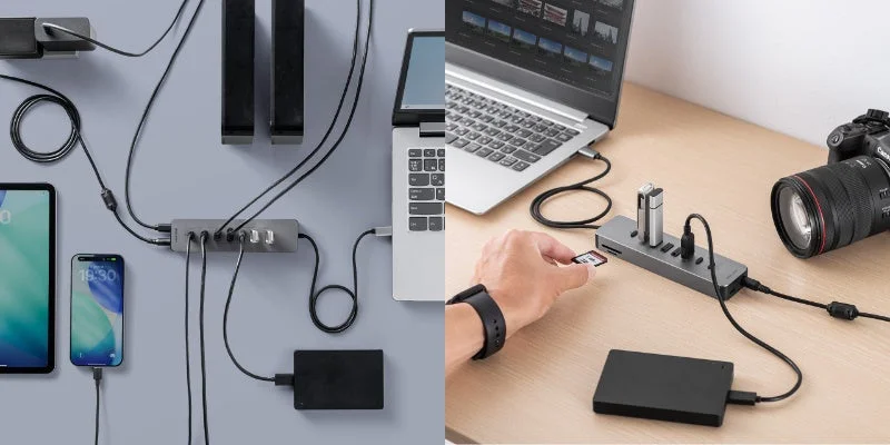 USBハブにスマホやノートPC、外付けSSD、カメラ、SDカードを接続した2枚の利用シーン