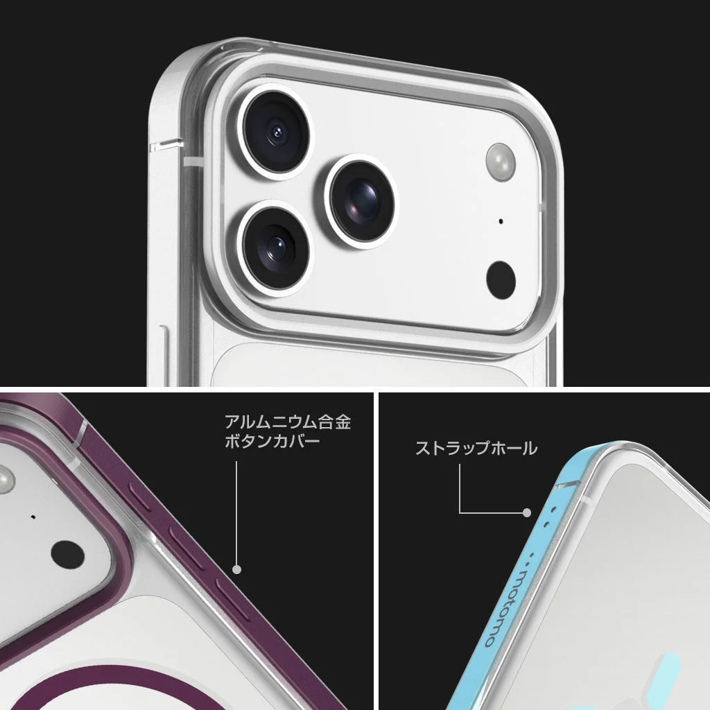 アルミニウム合金バンパーのクリアケース。カメラ枠とボタンカバーの接写
