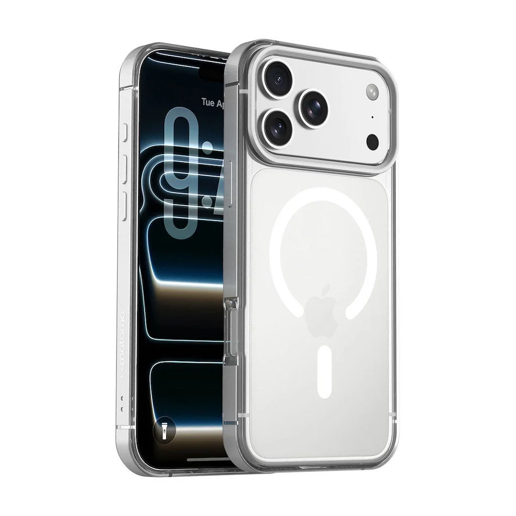 MagSafe対応 METAL CASE シルバー。透明背面とメタル調フレームのクリアケース