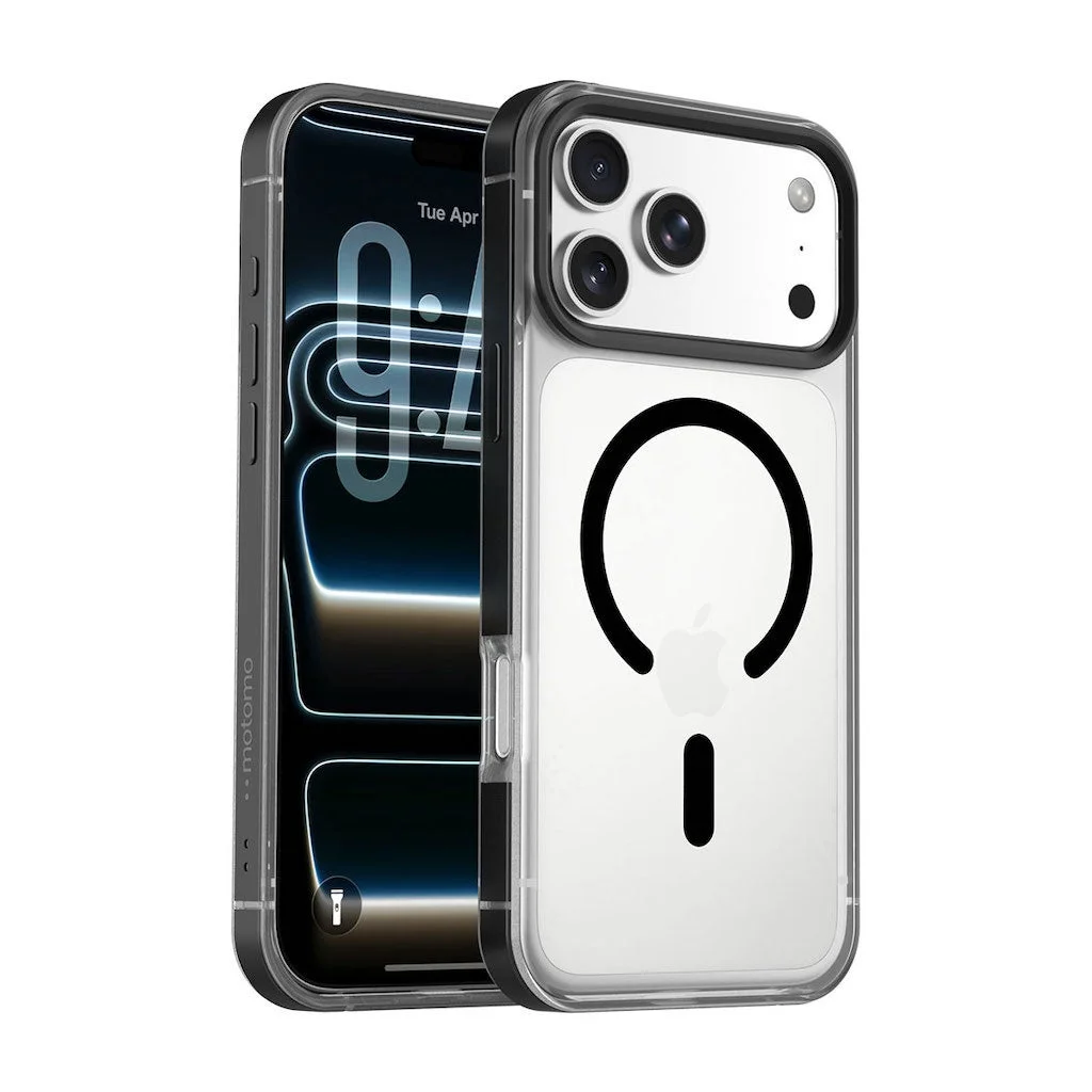 MagSafe対応 METAL CASE ブラック。クリア背面と黒いバンパーのiPhoneケース