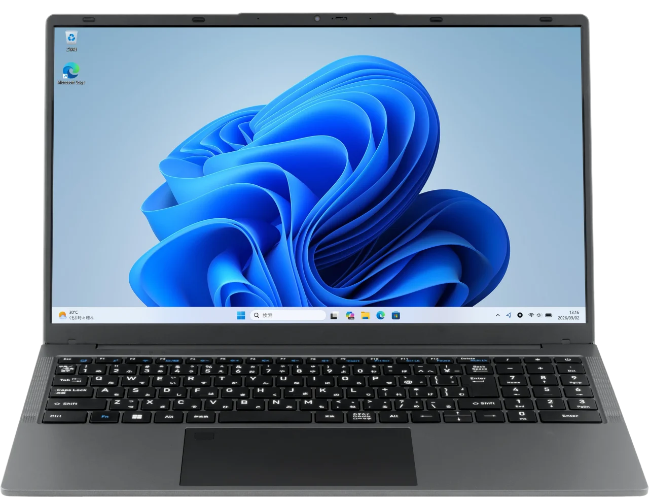 aiwa book S15-2の正面。画面にWindows 11の青い花模様の壁紙を表示