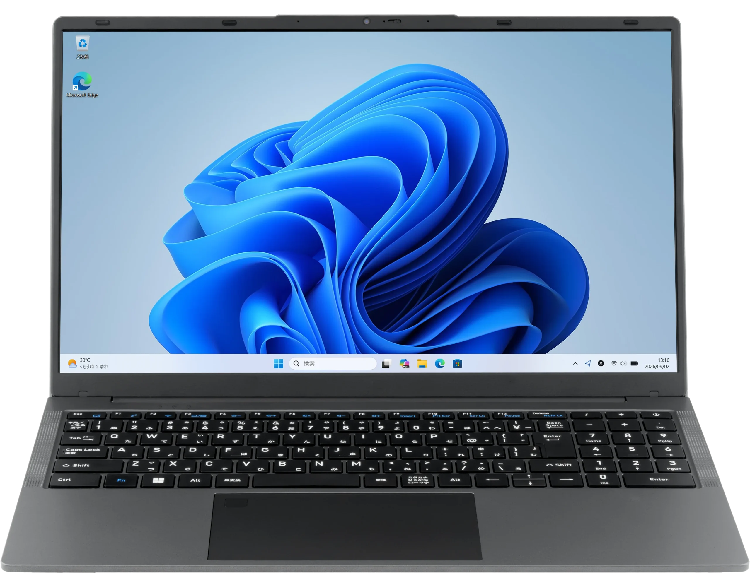aiwa book S15-2の正面。画面にWindows 11の青い花模様の壁紙を表示
