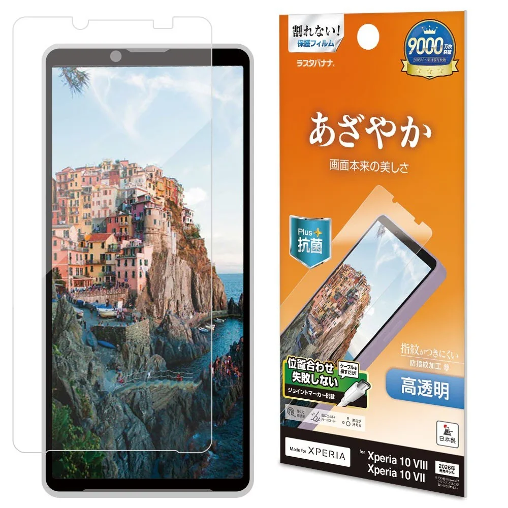指紋防止フィルムのパッケージと、貼付けた画面のXperia