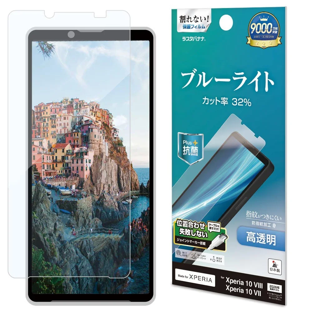 BLC高透明フィルムのパッケージと貼付け済みの画面