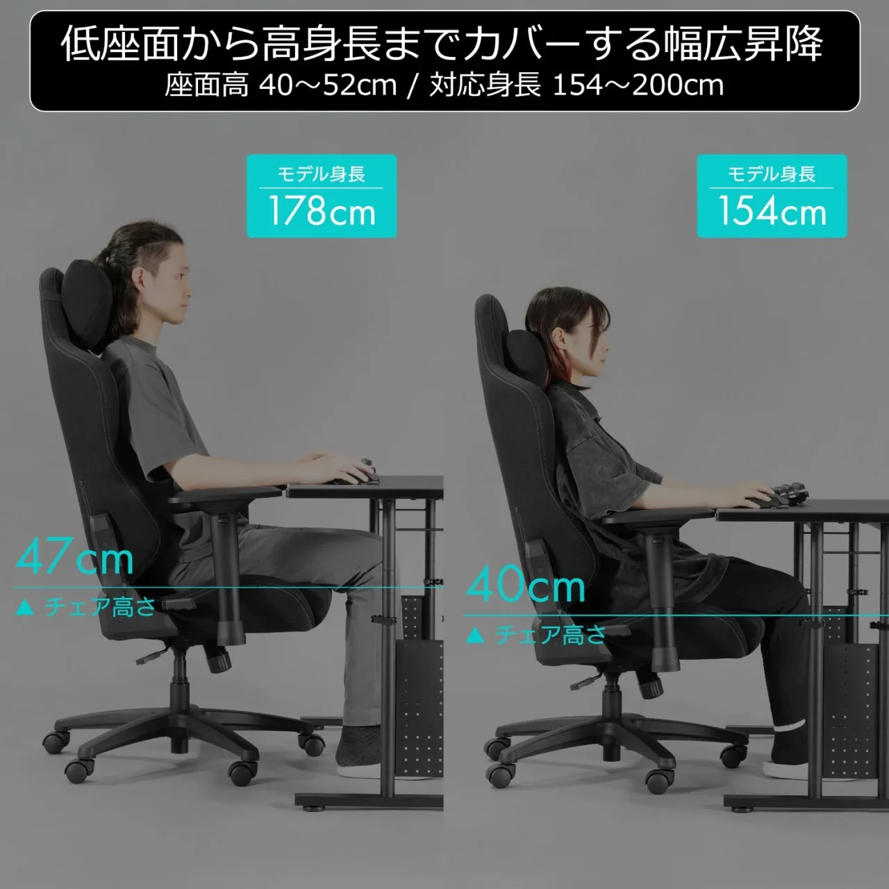 ロングストロークシリンダー搭載チェアに座高さ47cmと40cmで座る2人のモデル