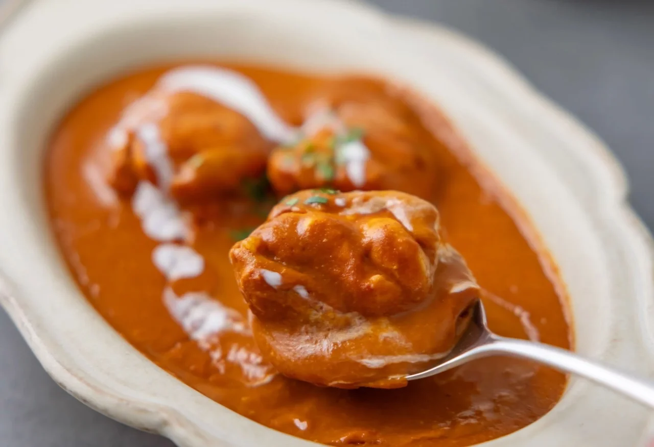 縁のある白い器に盛ったバターチキンカレーをスプーンですくった様子