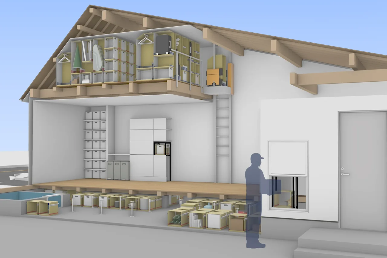 ENNOSHITA 350の床下収納と小屋裏収納を示す住宅の断面イメージ