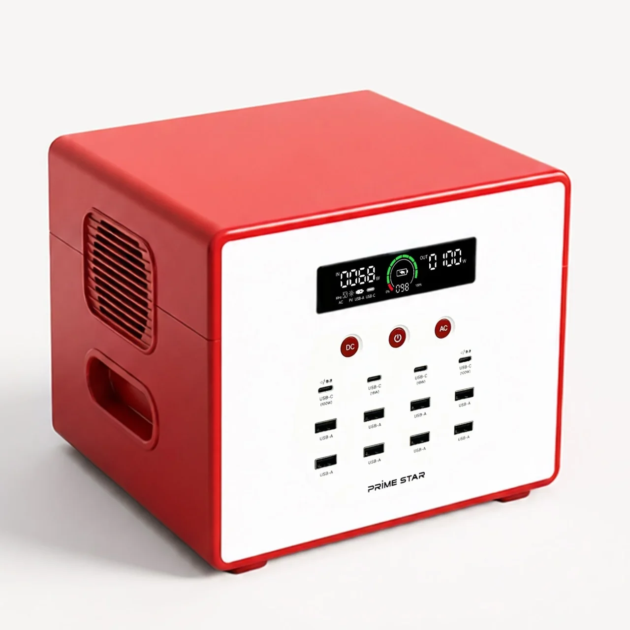赤と白のポータブル蓄電池「HUG-CUBE」。前面に表示部と複数のポート