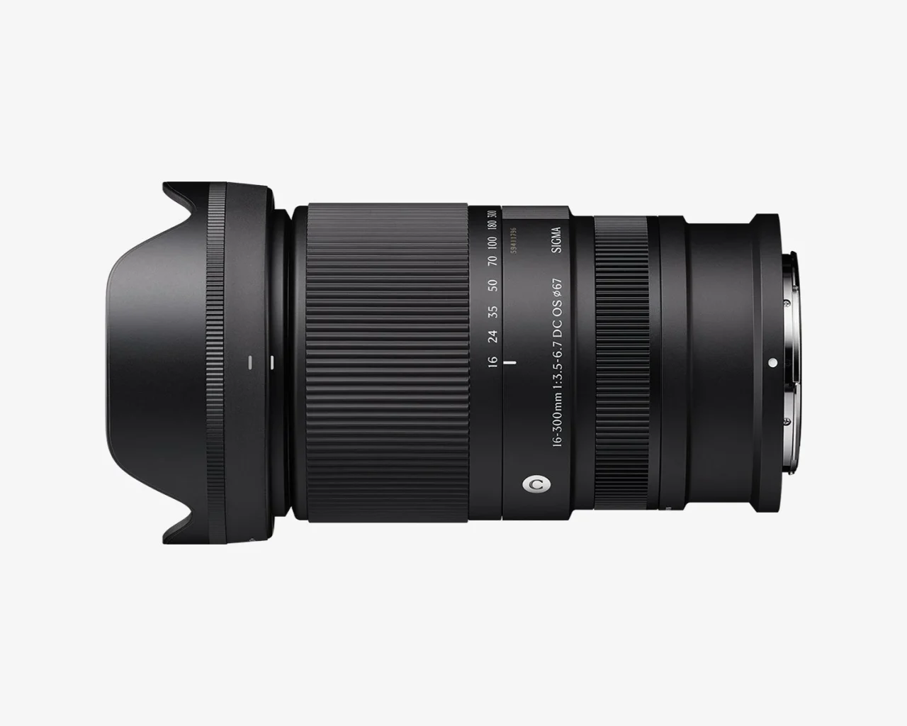 Sigma 16-300mm F3.5-6.7 DC OS | Contemporary の側面、フード付き