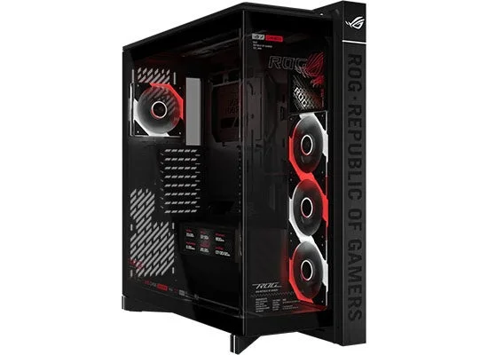 ROG CRONOX GR801 CURVE TG SCR ARGB BL 赤く光るファンが見えるブラックのPCケース