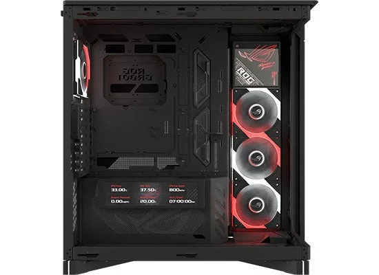 ROG CRONOX GR801 CURVE TG SCR ARGB BLの内部。赤く光る3基のファンとLCD表示