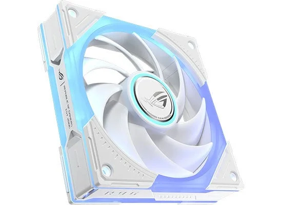 ROG EURUX GR120 FAN ARGB WHITE。白いフレームと青く光る120mmケースファン