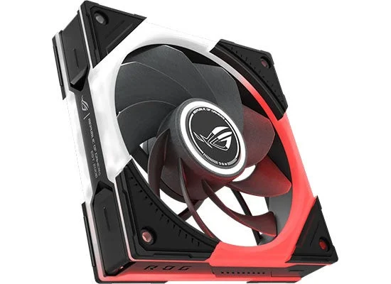 ROG EURUX GR120 FAN ARGB REVERSEの斜め外観。黒枠に白とピンク赤の発光