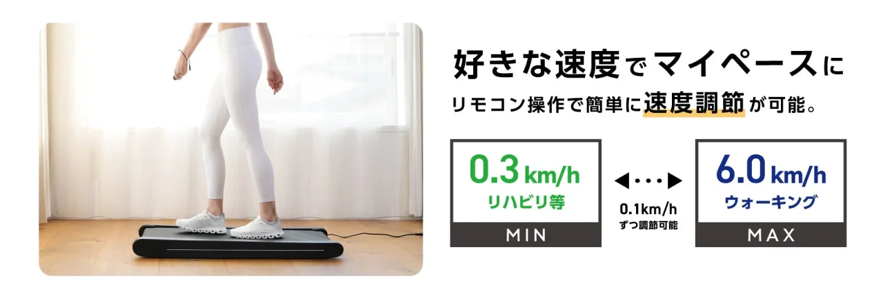0.3〜6.0km/hの速度調節。白いウェア姿の人が薄型ベルトの上を歩く