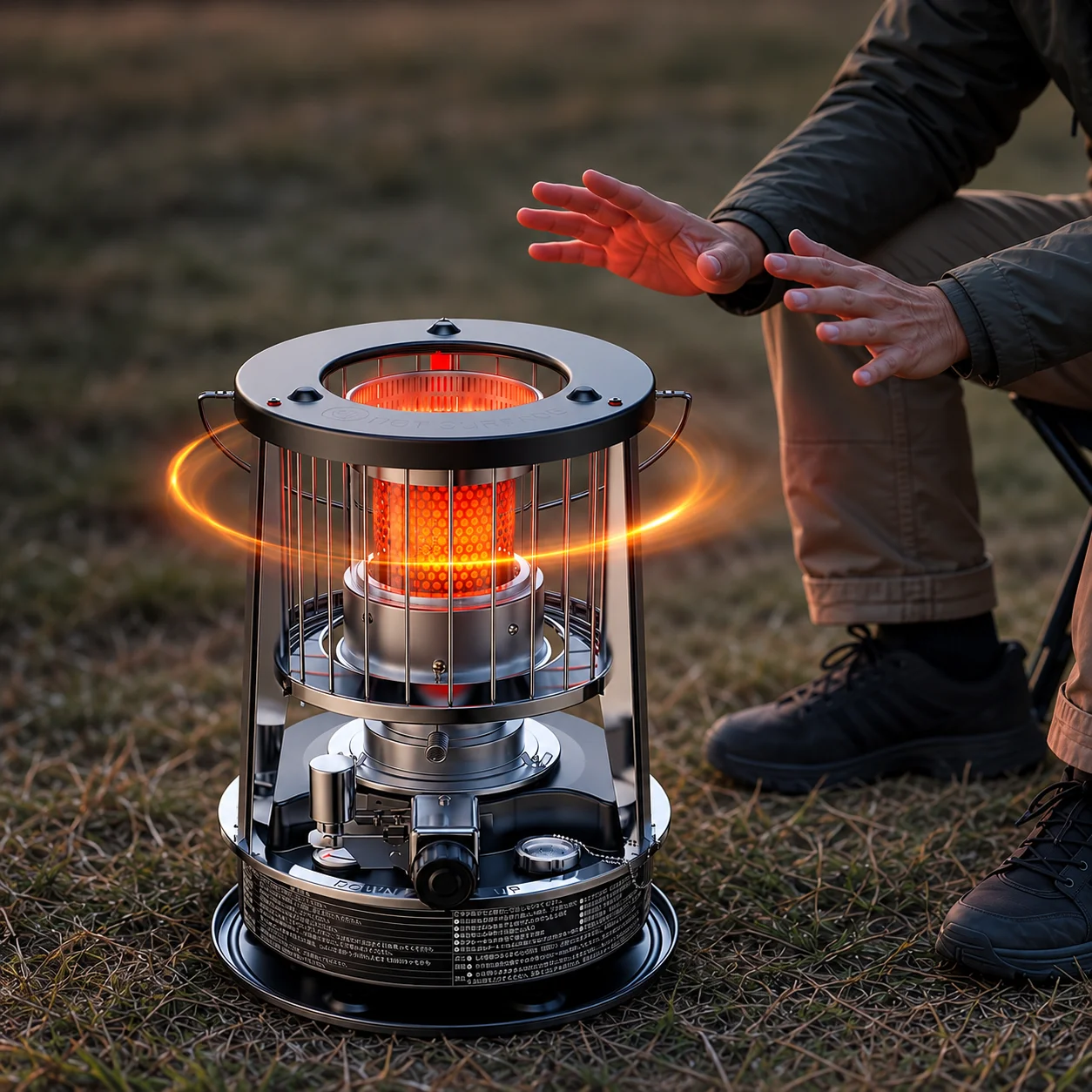 芝の上の石油ストーブに手をかざす人。360°に暖かさが広がる自然対流