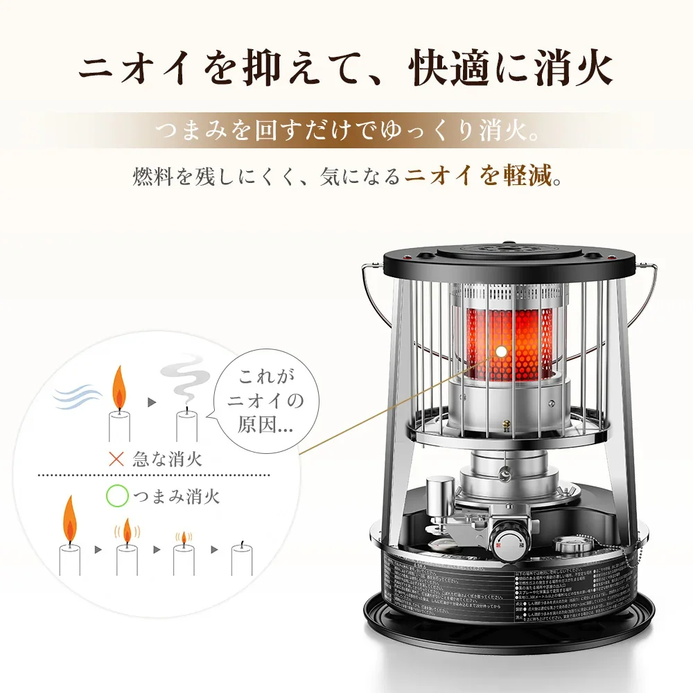 つまみ操作でゆっくり消火しニオイを軽減する石油ストーブと消火の比較図