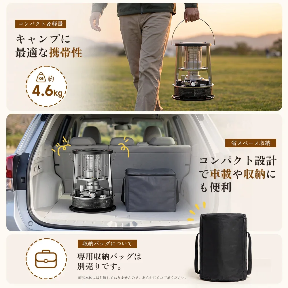 約4.6kgの石油ストーブを持ち運ぶ様子と車載、別売り収納バッグ