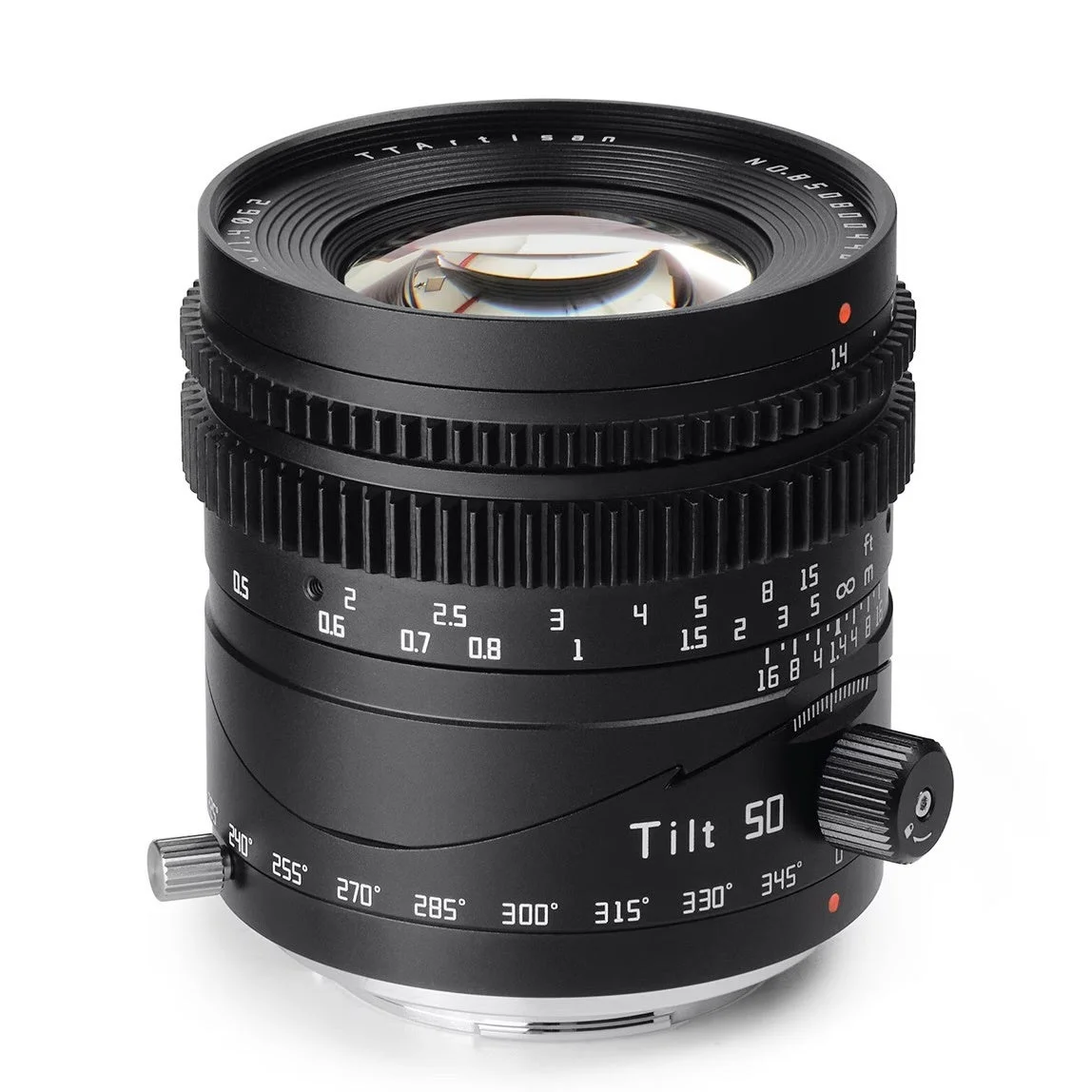 TTArtisan Tilt 50mm F1.4 のティルト機構付き黒いレンズ