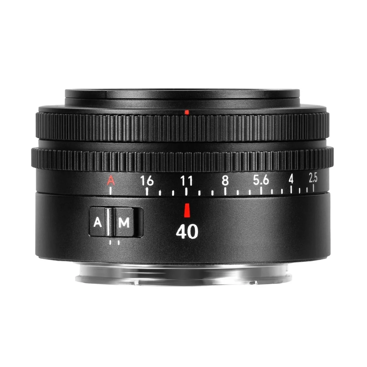 7Artisans AF 40mm F2.5 の黒い単焦点レンズ、A/M切替と絞り目盛り