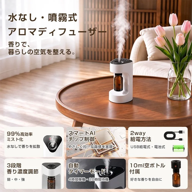 卓上スマート小型アロマディフューザーが卓上でミストを噴霧する特徴紹介画像