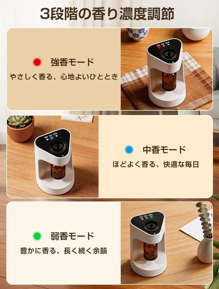卓上スマート小型アロマディフューザーの強・中・弱の3段階香り濃度調節