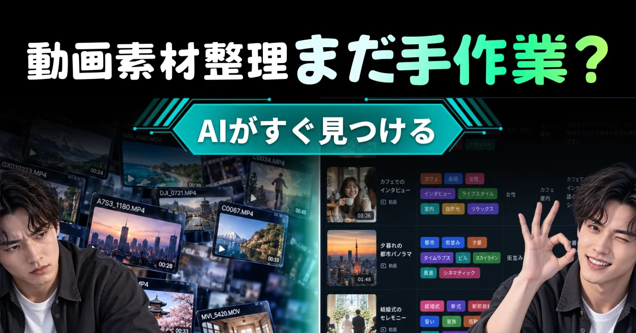 AIメディア解析：動画素材をAIが解析しタグ付けする画面と編集者の告知画像