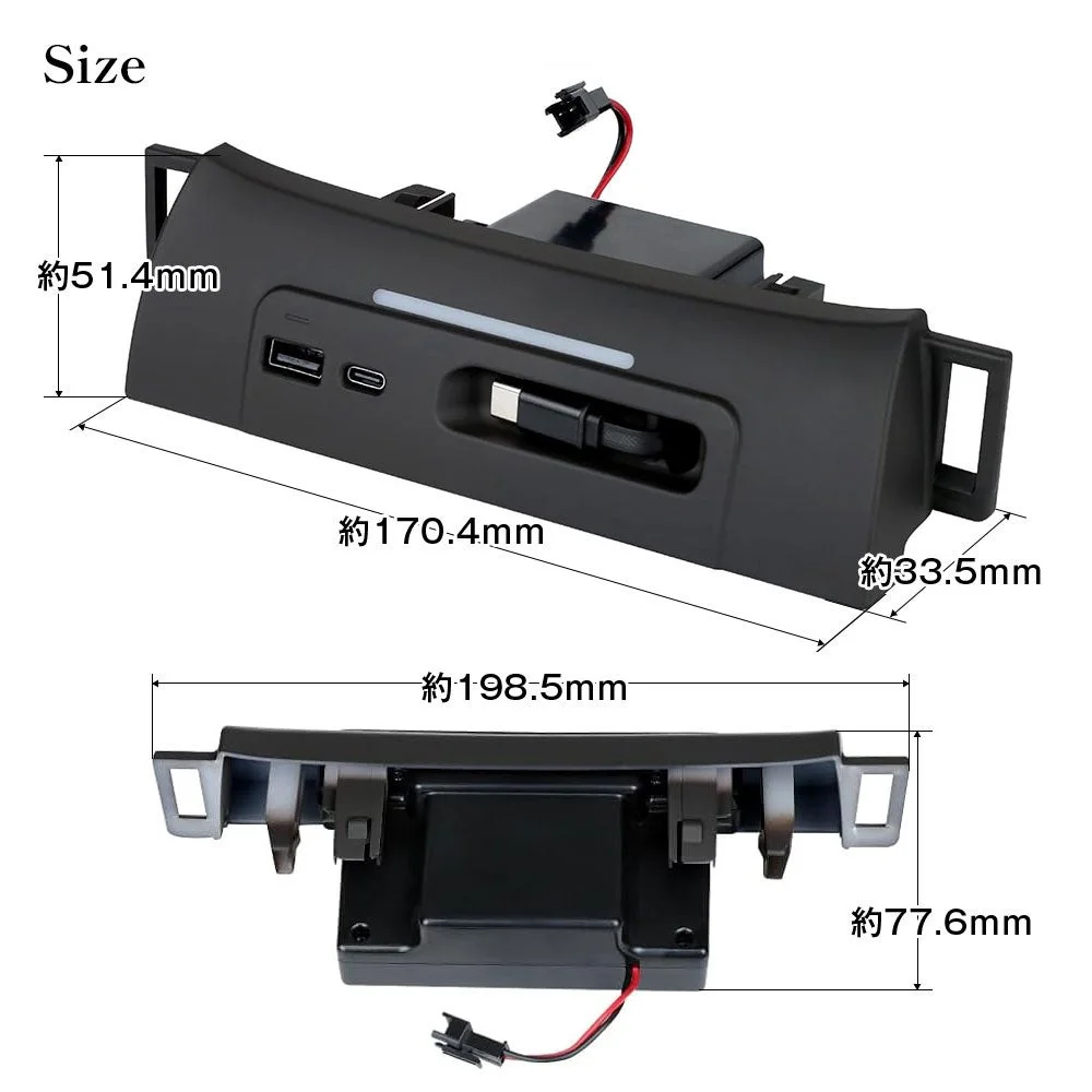K-USB03-ALP40のサイズ図。USB、Type-C、巻き取り式ポートを備えた黒い本体の寸法
