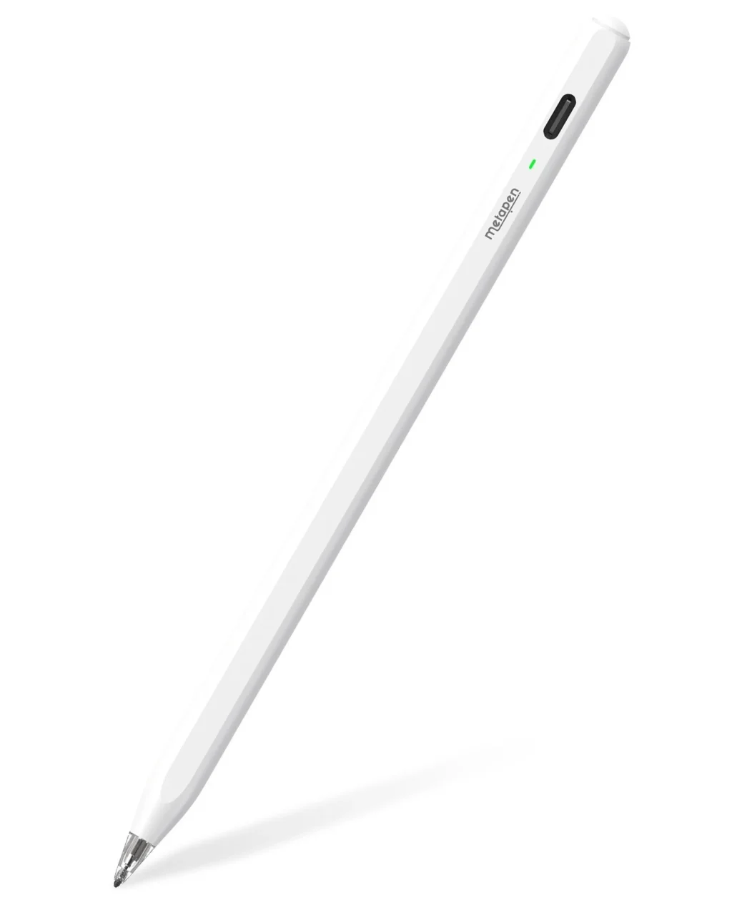 Metapen Air8 Pro。白いスタイラスペン、側面にUSB-C端子と緑のLED