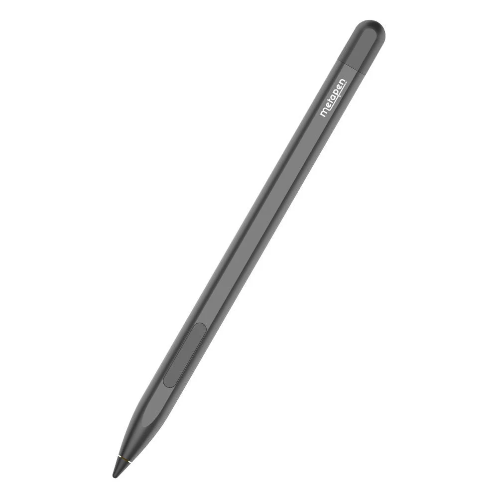 Metapen M1のスタイラスペン。黒いボディに側面ボタンとペン先がある
