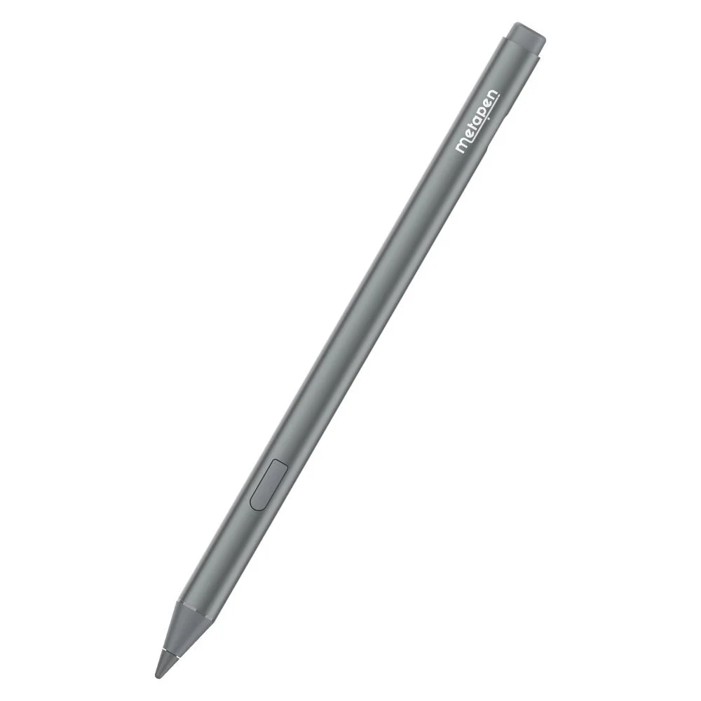 Metapen M2のグレーのスタイラスペン。側面にボタンがある