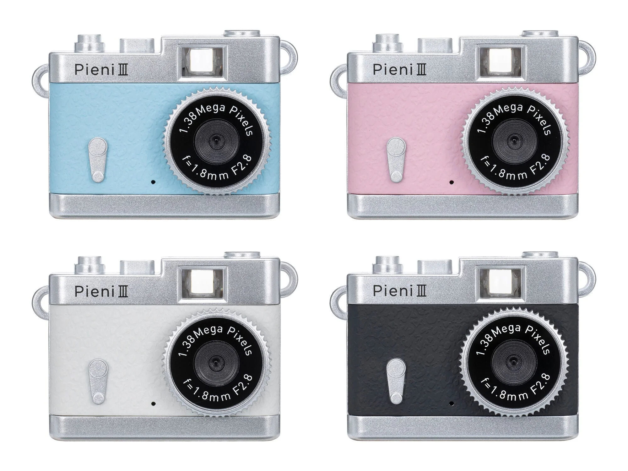 トイカメラ Pieni IIIの4色。ソーダ、ストロベリー、ミルク、ブラック