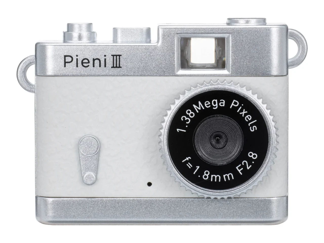 トイカメラ Pieni III ミルク（ホワイト）の正面。銀色の縁取りのレンズ付き