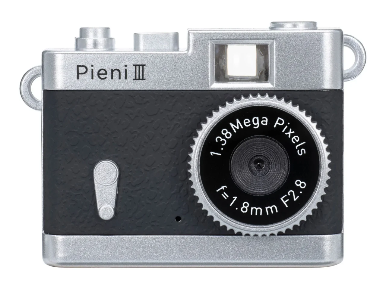 トイカメラ Pieni III ブラックの正面。黒い革調ボディにシルバーの枠