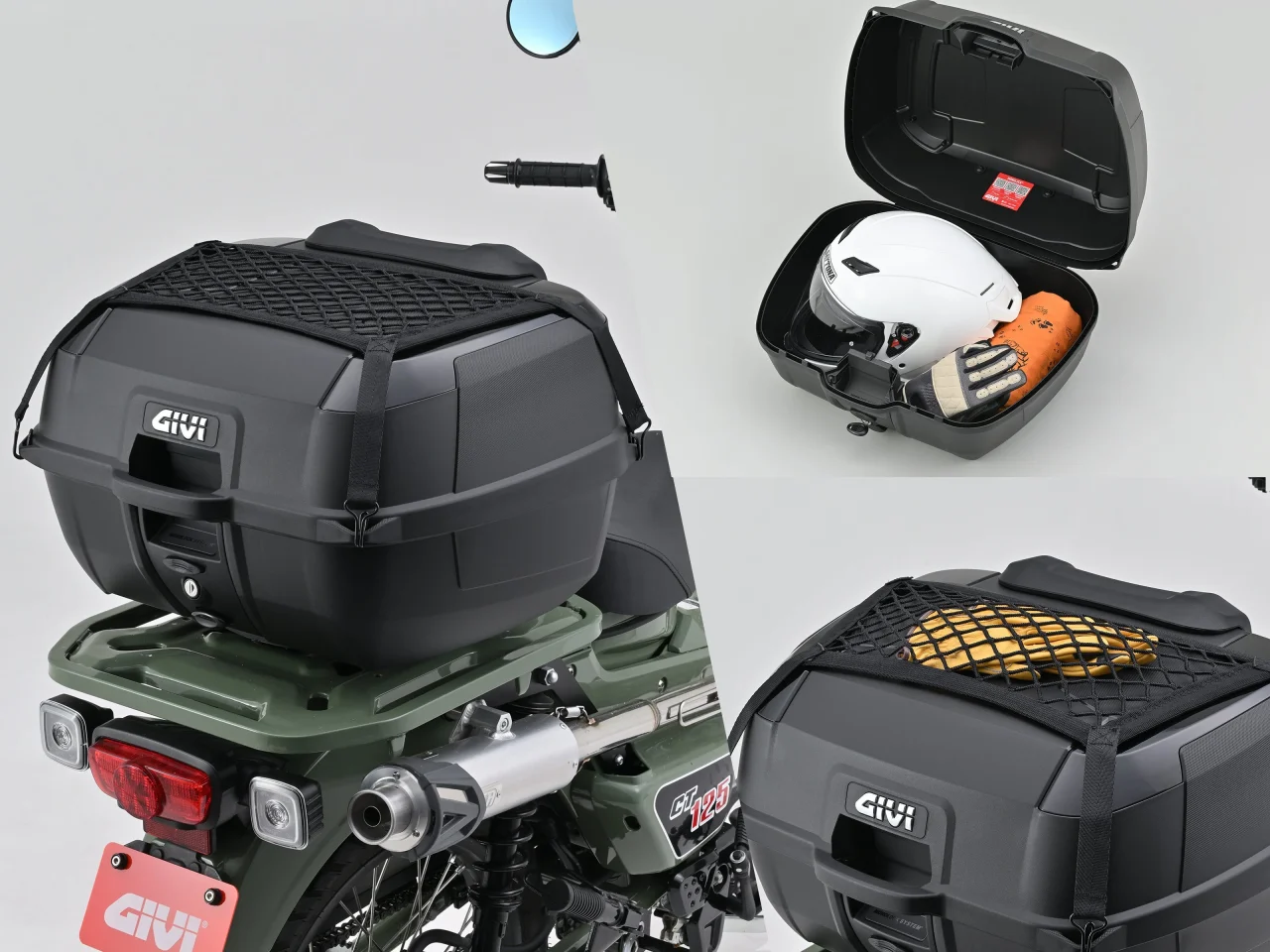 GIVI B45+ 未塗装ブラック（ブラックパネル）をバイクに積載し、ヘルメット収納も示す