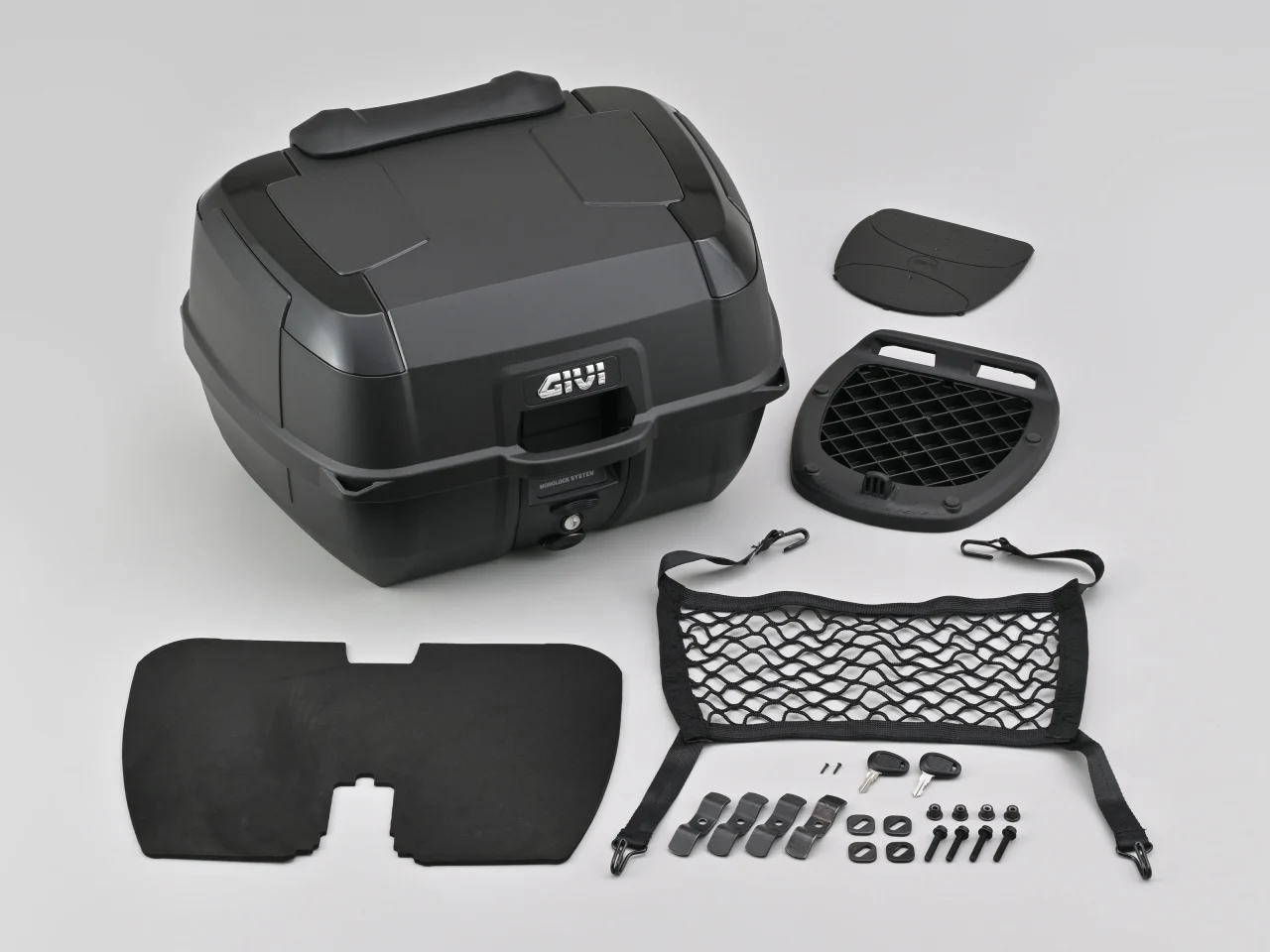 GIVI B45+ 未塗装ブラック（ブラックパネル）の本体と構成部品一式