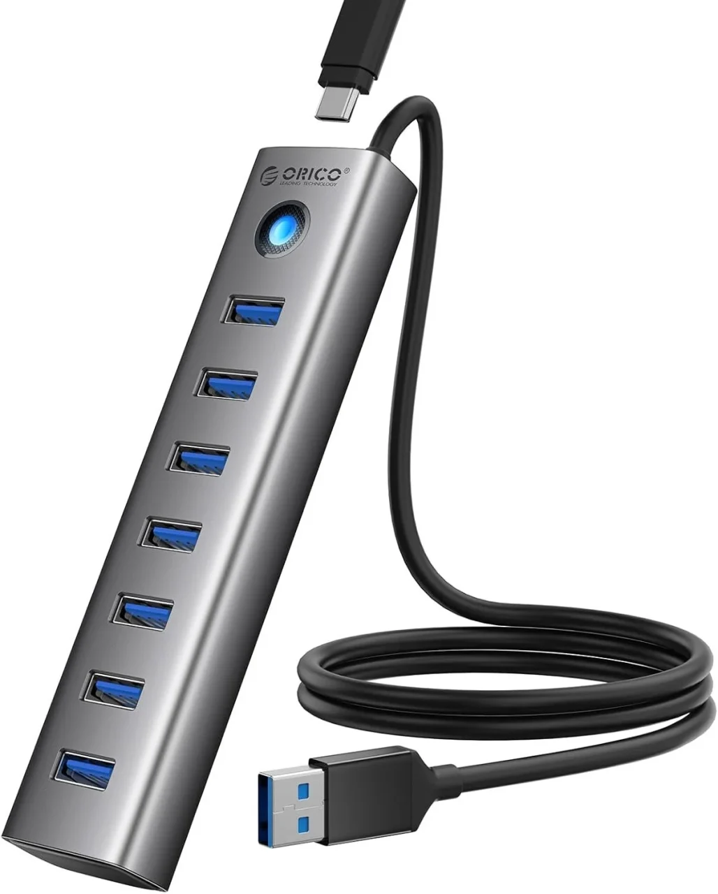 ORICO 7ポートUSB 3.0ハブ。グレーの本体に青いポート7つ、USBケーブル付き